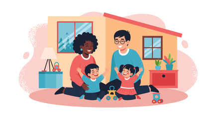 Happy family playing with toys at home - perfect for family blogs, websites, or brochures.