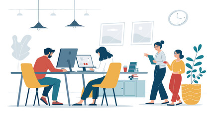 Teamwork in a modern office setting. Ideal for website banners, brochures, or presentations showcasing collaboration and productivity.