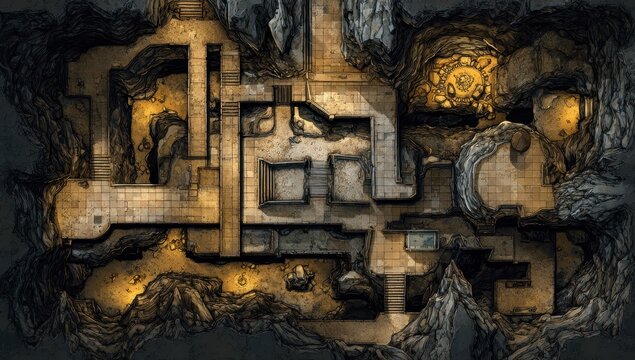 Cave system map, intricate tunnels, glowing lights