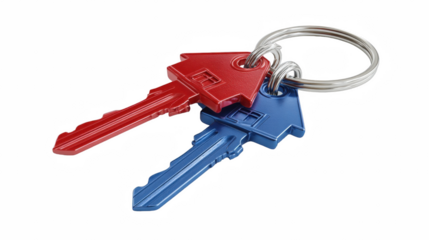 Close up of a keychain with two house shaped keys in red and blue on a black background