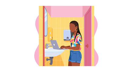 Woman working on laptop in a public restroom; illustration for articles on remote work, flexibility, or gender equality.