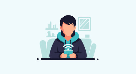 Person using smartphone with wifi connection, illustration for website or app.