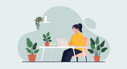 Woman working from home on laptop, surrounded by plants. Perfect for blog posts, website banners, or social media.
