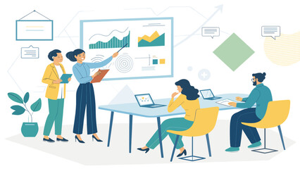Business team presentation: Diverse colleagues collaborating on a project, reviewing data and charts. Ideal for websites, reports, and presentations.