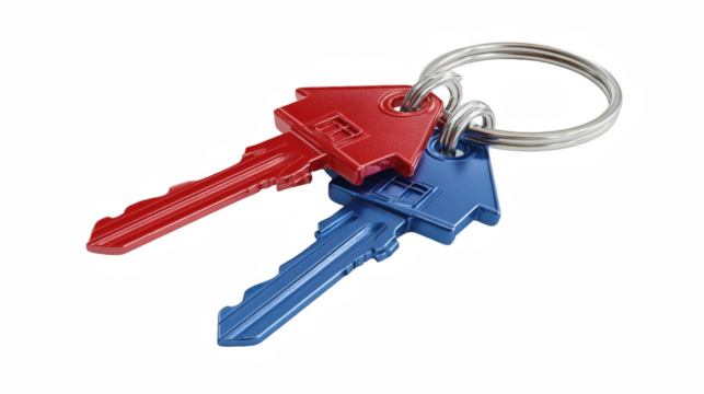 Close up of a keychain with two house shaped keys in red and blue on a black background