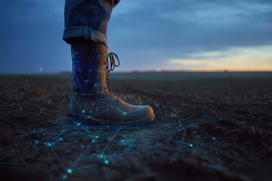 A person's foot in work boot on farmland, overlaid with digital network