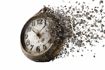 Vintage clock disintegrating into small pieces against a stark black background image