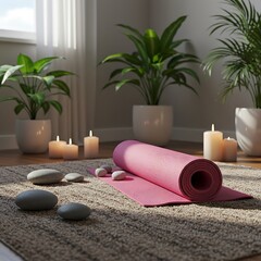 Cozy home yoga corner with a rolled pink mat on a rug, surrounded by candles, smooth stones, and lush green houseplants in soft natural morning light.	