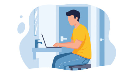 Man working on laptop in bathroom, ideal for articles on remote work, work-life balance, or flexible workspaces.