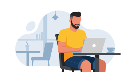Man working on laptop in cafe, perfect for website banners or blog posts about remote work.
