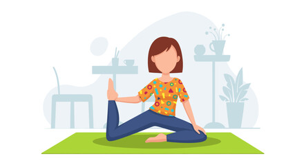 Woman practicing yoga at home, perfect for wellness websites or blogs.