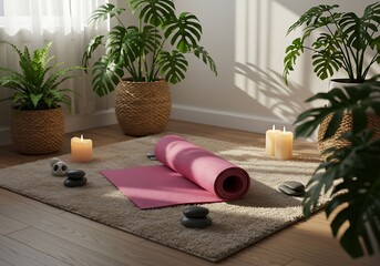 Cozy home yoga corner with a rolled pink mat on a rug, surrounded by candles, smooth stones, and lush green houseplants in soft natural morning light.	