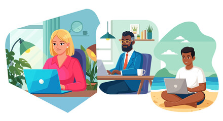 Remote Work Illustration: Diverse Team Working from Home, Office, and Beach.