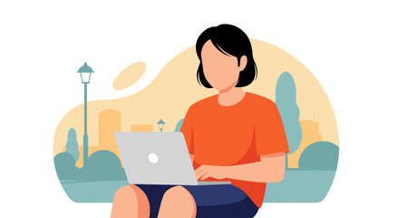 Woman working on laptop in park - perfect for website banners, blog posts, or social media.