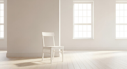 Minimalist white chair in sunlit room with large windows, modern interior design inspiration