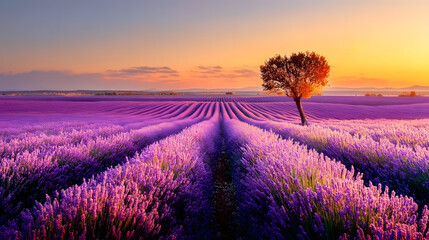 Peaceful Serene Lavender Field at Sunset with Solitary Tree Beauty. Ai Generated Images