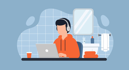 Person working on laptop in bathroom, perfect for illustrating remote work, work from home, or multitasking.