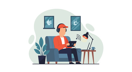 Obraz premium Person using tablet and headphones, working from home; perfect for blog posts or articles on remote work.