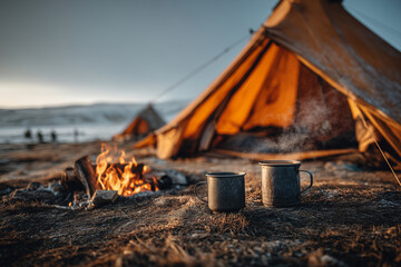 Caping scene, hot coffee and tent.