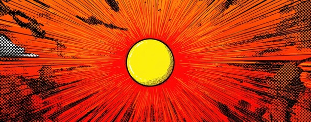 Radiant yellow circle in a burst of orange and red radiating lines