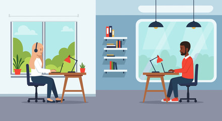 Two colleagues working remotely from home office, ideal for illustrating a work from home concept.