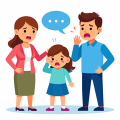 Upset parents arguing in front of their sad young daughter who is covering her ears.
