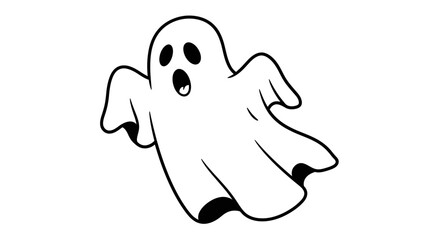 Obraz premium Simple black and white line art illustration of a spooky cartoon ghost. A floating phantom character perfect for Halloween.