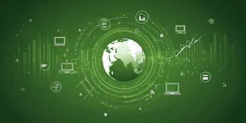 Global network graphic with icons and circular patterns on a green background