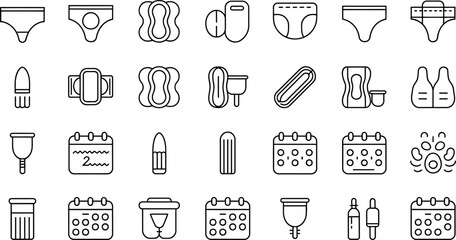 Collection of menstrual hygiene products and period tracking icons
