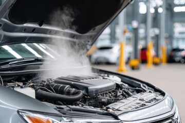 Steam rising from a car engine with open hood, suggesting overheating issue in a garage.