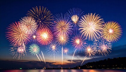 Vibrant explosions brighten a twilight sky reflecting over the tranquil waterscape