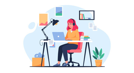 Young woman working from home on laptop, perfect for blog posts about remote work or productivity.