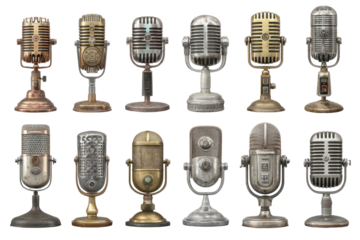 Vintage microphones in a grid.  Various models, aged and showing wear.  Each has a metal body, stand, and diaphragm