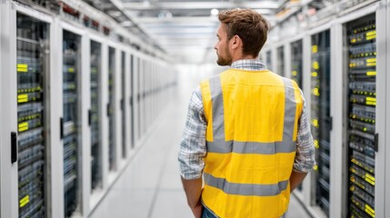 Man in yellow vest walks between server racks, in a data center, looking over his shoulder.