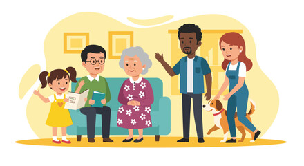 Happy multigenerational family with dog at home, perfect for brochures or websites promoting family values.