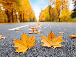 Two yellow maple leaves on asphalt road, surrounded by other leaves, with trees lining the road in the background, creating a serene autumn scene.