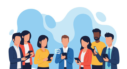 Diverse group of professionals using digital devices, ideal for a tech company's landing page or presentation.