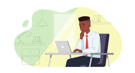 African American businessman working on laptop in modern office, ideal for business websites and presentations.