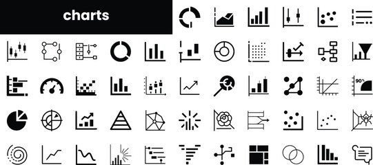 A collection of black and white chart icons representing various data visualization types including bar graphs, pie charts, line graphs, and more.