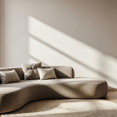 Minimalist modern living room with neutral sofa and natural light