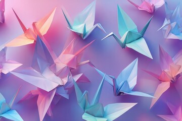 Obraz premium Colorful origami cranes on pastel background