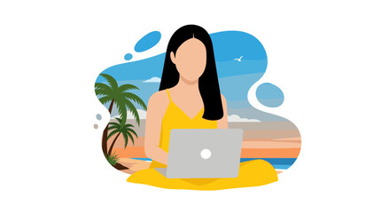 Woman working on laptop at beach, perfect for travel blog or remote work website.