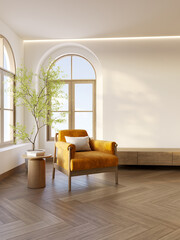 A cozy and warm living room interior with natural light, wooden floors, and an armchair against warm white walls.3d render