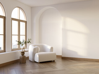 MInimal and warm living room interior with Serene Corner with Natural Light, wooden floors, and an armchair against warm white walls.3d render