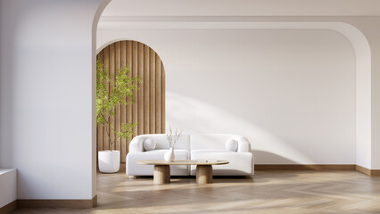 Modern mid-century interior living room with white sofa and wooden flooring on against warm white walls .3drender