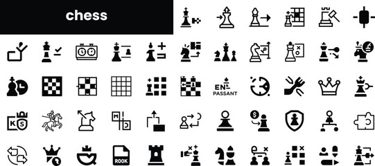 A variety of black and white chess icons illustrating different pieces and game elements, showcasing strategy and competition in a minimalist design.