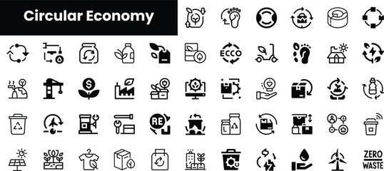 A collection of black icons representing the concept of the Circular Economy, showcasing sustainability, recycling, and eco-friendly practices in modern design.
