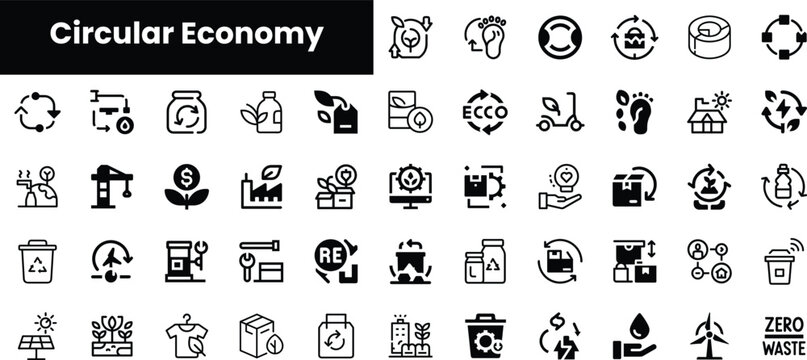 A collection of black icons representing the concept of the Circular Economy, showcasing sustainability, recycling, and eco-friendly practices in modern design.