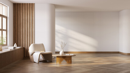 A minimalist reading corner .armchair and round wooden table. Soft natural light casts gentle shadows,wooden flooring with  white wall .3d render