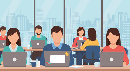 Diverse team of professionals working on laptops in a modern office with a cityscape view. Ideal for website banners, brochures, or presentations.